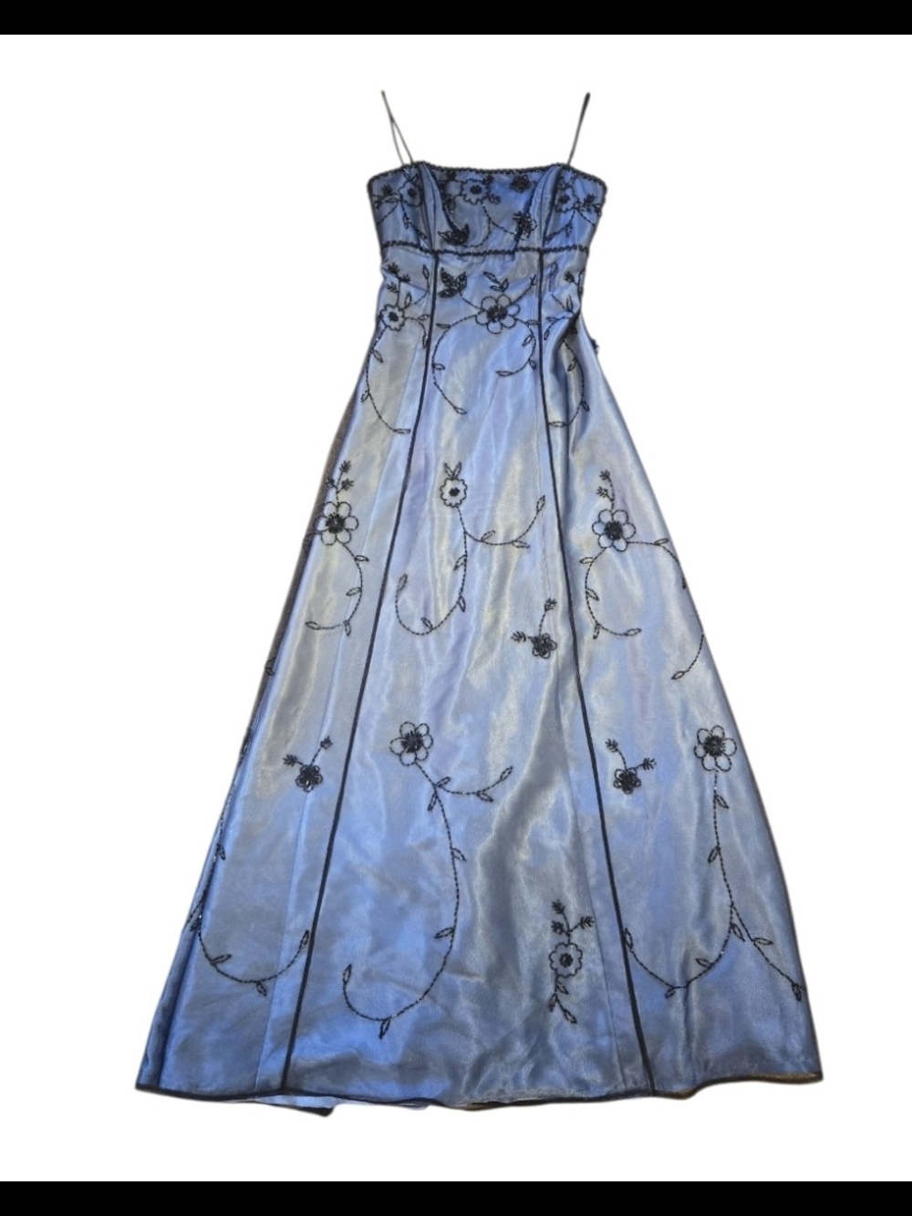 Blondie Nites by JASLENE Blue Maxi Dress with Black Floral EmbroiderySize 3/4